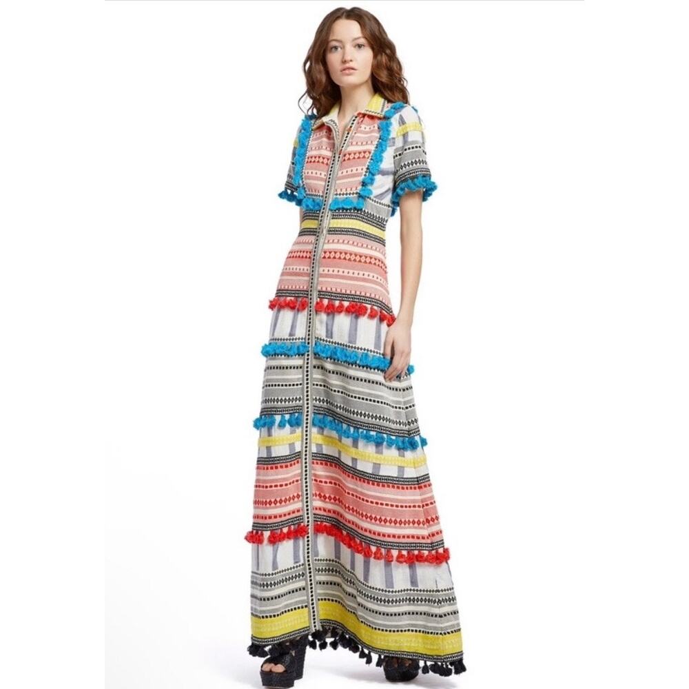 Alice + Olivia Phylis Tassel Button Down A-Line Maxi Dress Size 10 Embroidered